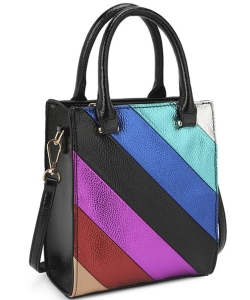Rainbow Striped Colored Crossbody Top Handle Bag PMKUW-20351 BLACK